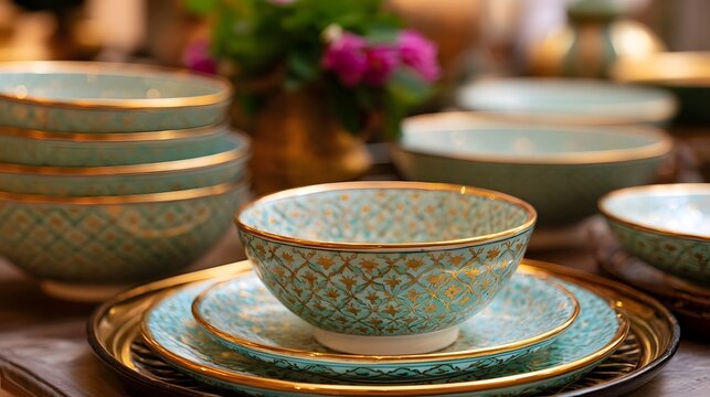 Elegant turquoise bowls with gold floral patterns arranged on matching plates for a refined dining setting