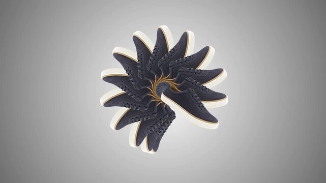 Dark lace-up sneakers duplicate into a circular spinning pattern and separate again against white, gray, dark, and green studio backgrounds in 3D animation