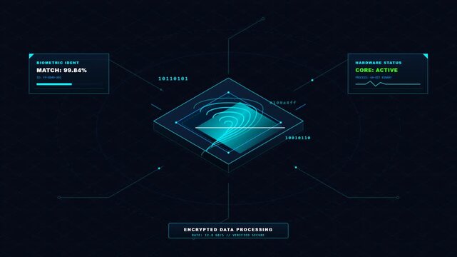 Biometric fingerprint identification interface for cybersecurity data encryption technology scanning digital identity access control futuristic HUD