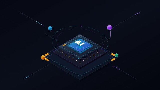 Artificial intelligence chip processing digital data in isometric futuristic microchip hardware technology illustration concept background