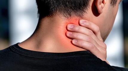 Fototapeta premium Person holding neck with red area indicating pain or discomfort