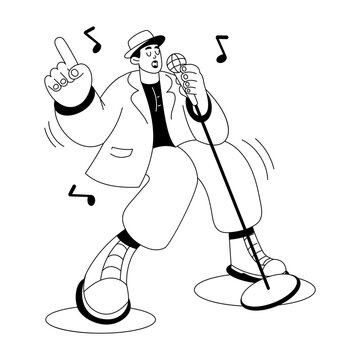 Cheerful vocalist singing into a standing microphone with expressive gestures.