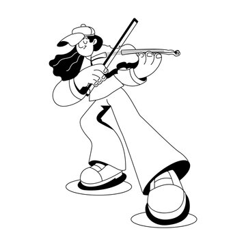 Playful musician performing with a violin and bow in a lively standing pose.