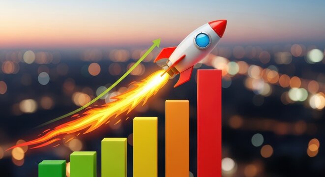 Rocket launching over financial growth chart with business financial marketing