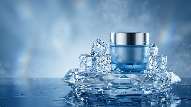 Cool skincare cream jar with ice cubes and water droplets