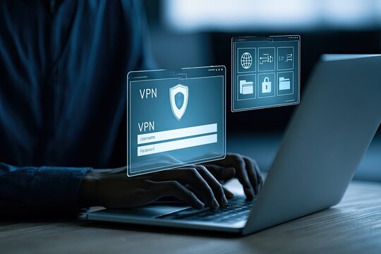 Person typing on laptop with holographic VPN login screen and security icons