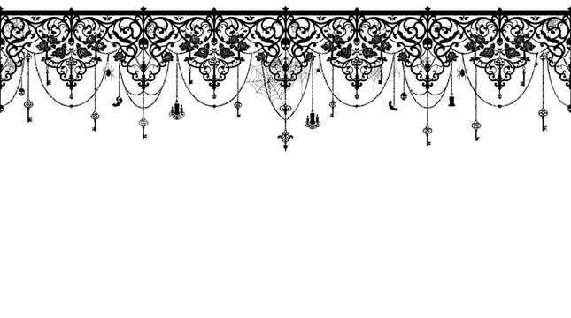 Halloween border Gothic lace seamless border vector, vintage victorian filigree pattern with hanging keys and stars, black damask trim ornament isolated on White Background svg