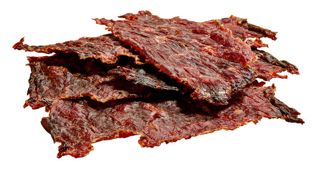 Dried beef jerky strips, thin and crispy texture