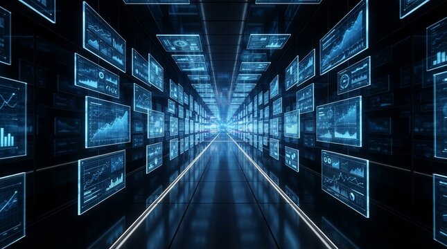 Digital information tunnel with data analytics screens and futuristic glow