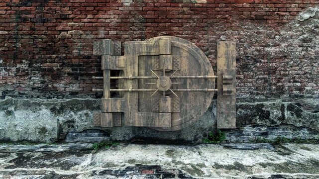 A weathered round vault door set into an aged brick wall swings open to reveal a bright green circular opening, creating a security or portal concept for compositing, 3D animation