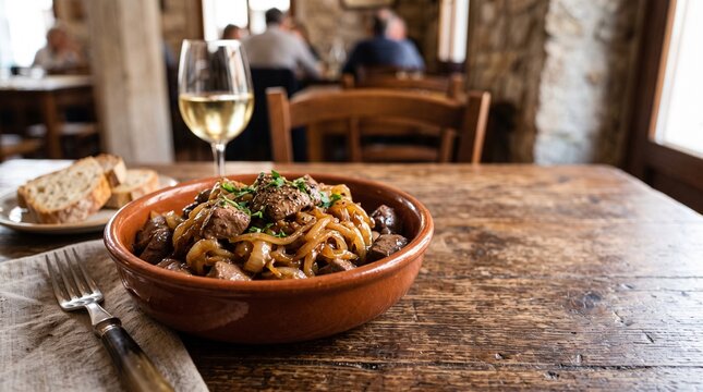 Fegato alla Veneziana: Three-quarter view of a bowl of calf's liver saut&eacute;ed with dynamic, sweet onions, in a rich, simple glaze.