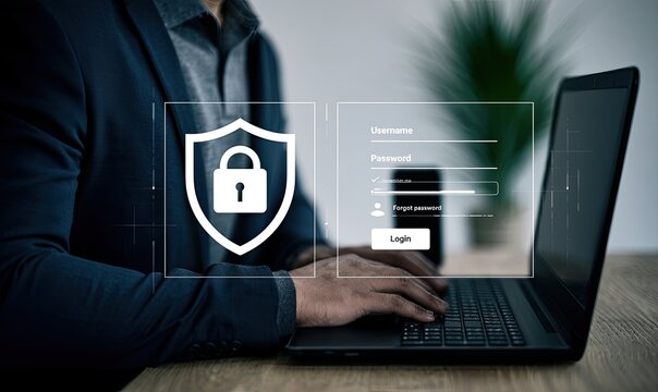 Digital shield and login screen over person typing on laptop