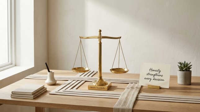 Elegant golden scales of justice balance on a wooden office desk beside an honesty quote card representing integrity and legal ethics within a minimalist and professional workspace environment always.