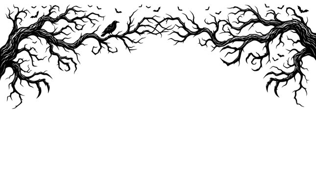 Halloween border Spooky Halloween Tree Branches Border Vector, Dead Trees Frame with Black Birds, Gothic Nature Illustration for Autumn Design isolated on White Background svg