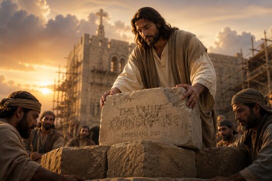 Jesus placing a large stone with the text the chief cornerstone on a construction site. Religious biblical scene depicting foundation, faith, spirituality and ancient building work.