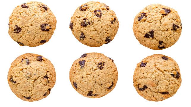 Six round chocolate chip cookies with textured surface
