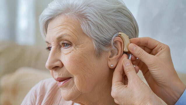 Elderly woman receiving hearing aid from audiologist with focus on ear and device placement. Hearing aid enhances quality of life for seniors, facilitating better communication and social interaction.