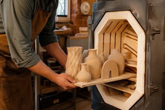 Potter placing clay vases into electric kiln for firing. Ceramic artist working in studio. Handicraft production of pottery products. Process of baking raw ceramic items in furnace.