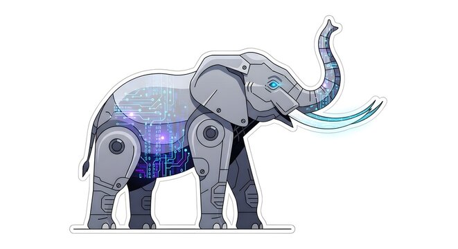 Futuristic cybernetic elephant with glowing circuit patterns.