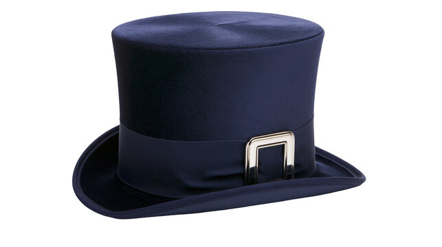 Dark blue felt top hat with satin band and silver buckle