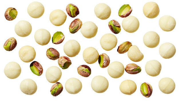 Peeled Macadamia Nuts and Shelled Pistachios Scattered