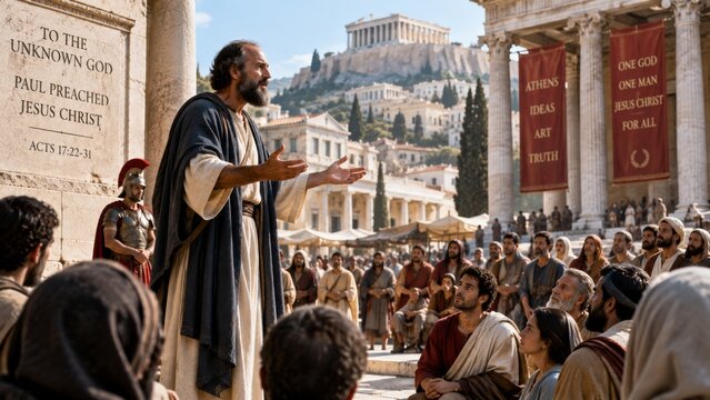Apostle Paul preaching to a crowd in ancient Athens. Man teaching followers in front of a monument near the Acropolis. Religious historical scene representing faith and biblical history.
