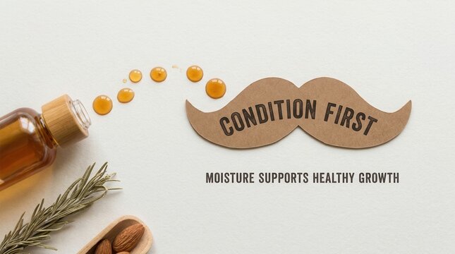 Natural beard oil with rosemary and almonds for healthy mustache growth and conditioning, featuring organic oil droplets and mustache shape on a textured surface for professional mens grooming routine