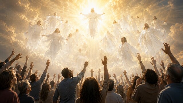 Jesus Christ ascending to heaven with angels in the sky while a crowd of man and woman worships with arms raised. Religious scene depicting the second coming or resurrection concept.