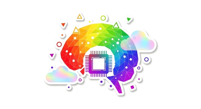 Colorful abstract brain with circuit board and rainbow elements.