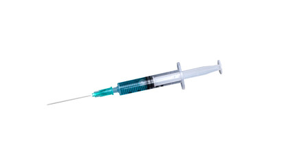Fototapeta premium Medical syringe with needle filled with blue liquid isolated PNG, injection tool for healthcare and laboratory concepts
