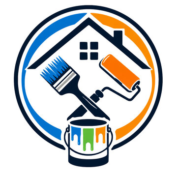 Professional House Painting Service Logo with Paint Brush Roller and Bucket for Home Renovation