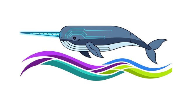 Colorful Narwhal Swimming in Wavy Ocean Illustration.