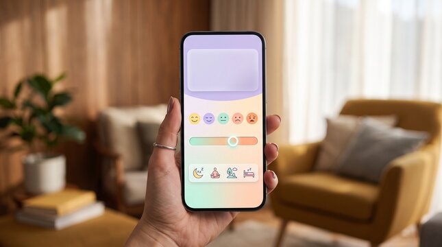 Meditation sleep wellness mood app with pastel emotion icons and blank copy space box on smartphone in cozy yellow armchair room banner