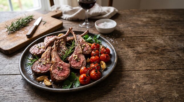 Costolette d'Agnello (Lamb Chops): A platter of pan-seared lamb chops with garlic and rosemary, shown pink and juicy, with roasted cherry tomatoes and a wooden board in the background.