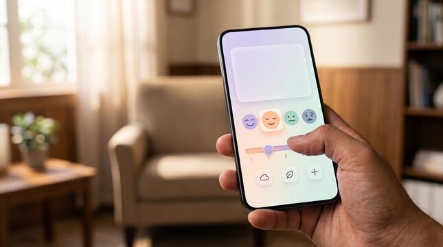 Interactive mental wellness mood tracker app with pastel face icons and blank copy space box on smartphone in sunlit therapy room banner