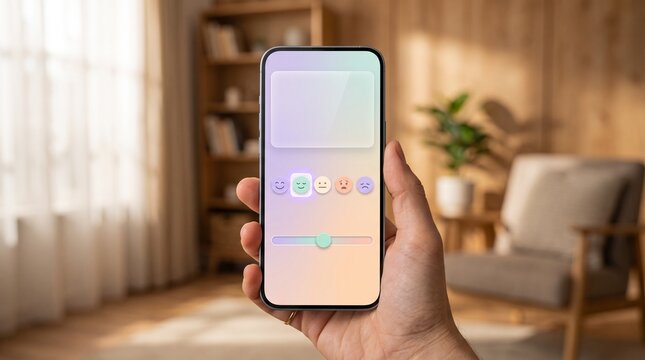 Mental health mood tracker app interface with pastel emotion icons and blank copy space box on smartphone mockup in cozy therapy room banner