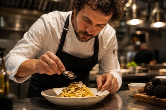 Chef decorating gourmet pasta dish with fresh truffle slices in professional kitchen. Culinary expert preparing luxury meal. Gastronomy concept, haute cuisine and restaurant service.