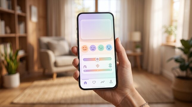 Emotional growth self care tracker app with mood face icons and blank copy space box on smartphone in cozy sunlit room banner