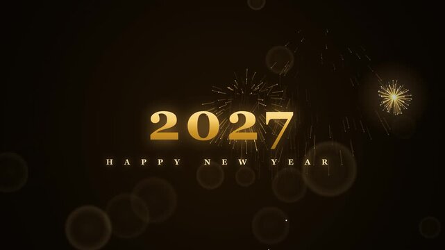Happy New Year 2027 gold text animation, golden numbers with fireworks and bokeh, 4K luxury motion graphic for greeting card and celebration video