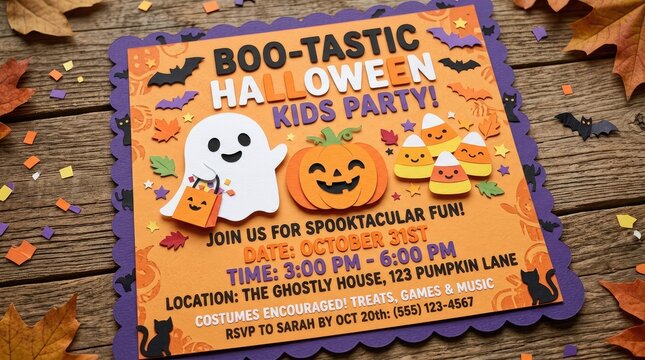 Colorful halloween kids party invitation with spooky decorations with set against rustic wooden surface scattered confetti leaves characters autumnal decorations