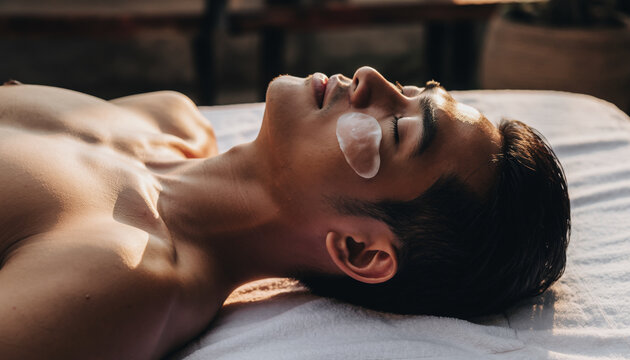 Young man lying on bed with eye patches resting peacefully.