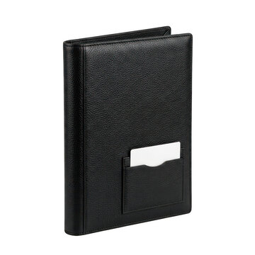 Black textured leather folder with card slot isolated on transparent background