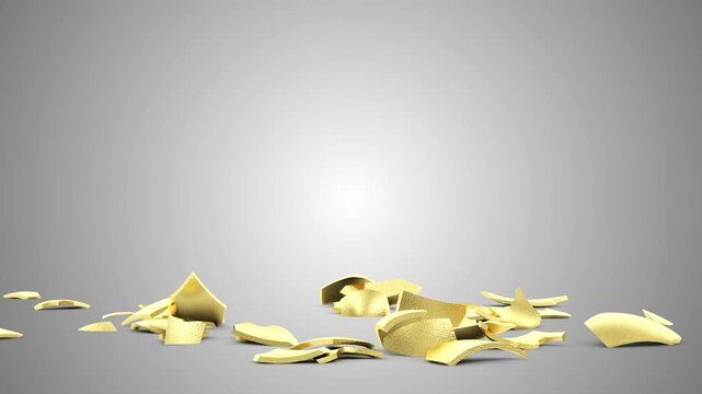 A metallic golden egg stands upright, suddenly bursts apart, and falls into scattered pieces across a clean gray studio background in 3D animation