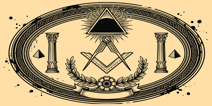Masonic oval emblem with all seeing eye, pillars, and laurel wreath