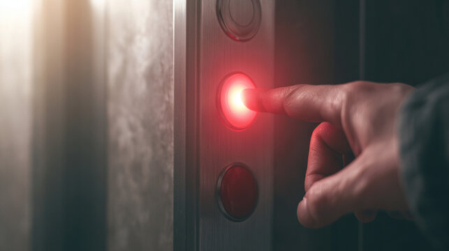 Close Up Finger Pressing Illuminated Blue Button Inside Modern Steel Elevator


