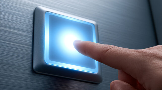 Finger Pressing Illuminated Blue Button Inside Modern Steel Elevator
