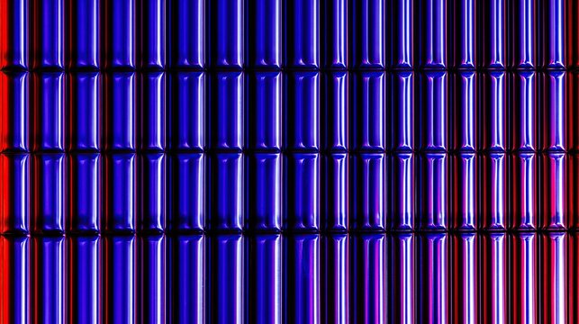 Geometric grid pattern of glowing metallic 3d rectangular blocks with vibrant red and purple neon light creating modern abstract futuristic background