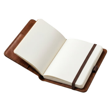 Open brown leather journal with blank pages isolated on transparent background