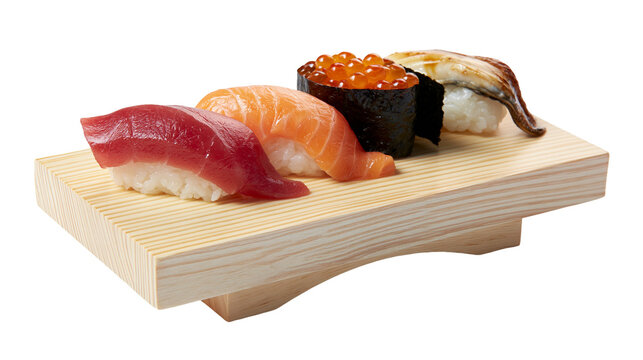 Assorted sushi nigiri with tuna salmon roe, and eel on wooden board