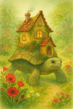 Charming fantasy tortoise with a tiny house on its back